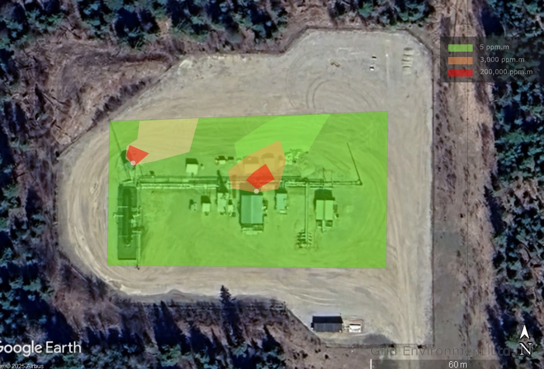 Methane concentration map from drone-mounted TDLAS survey